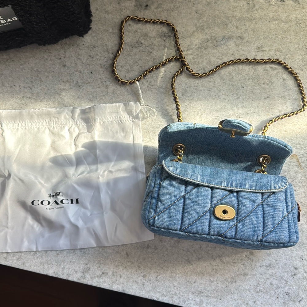 Coach Denim Quilted Shoulder Bag with Gold Chain